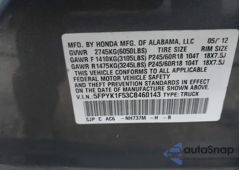 2012 Honda Ridgeline Rtl из США, поврежденный, VIN 5FPYK1F53CB460143